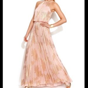 Xscape Pleated Pink and Gold Maxi Dress